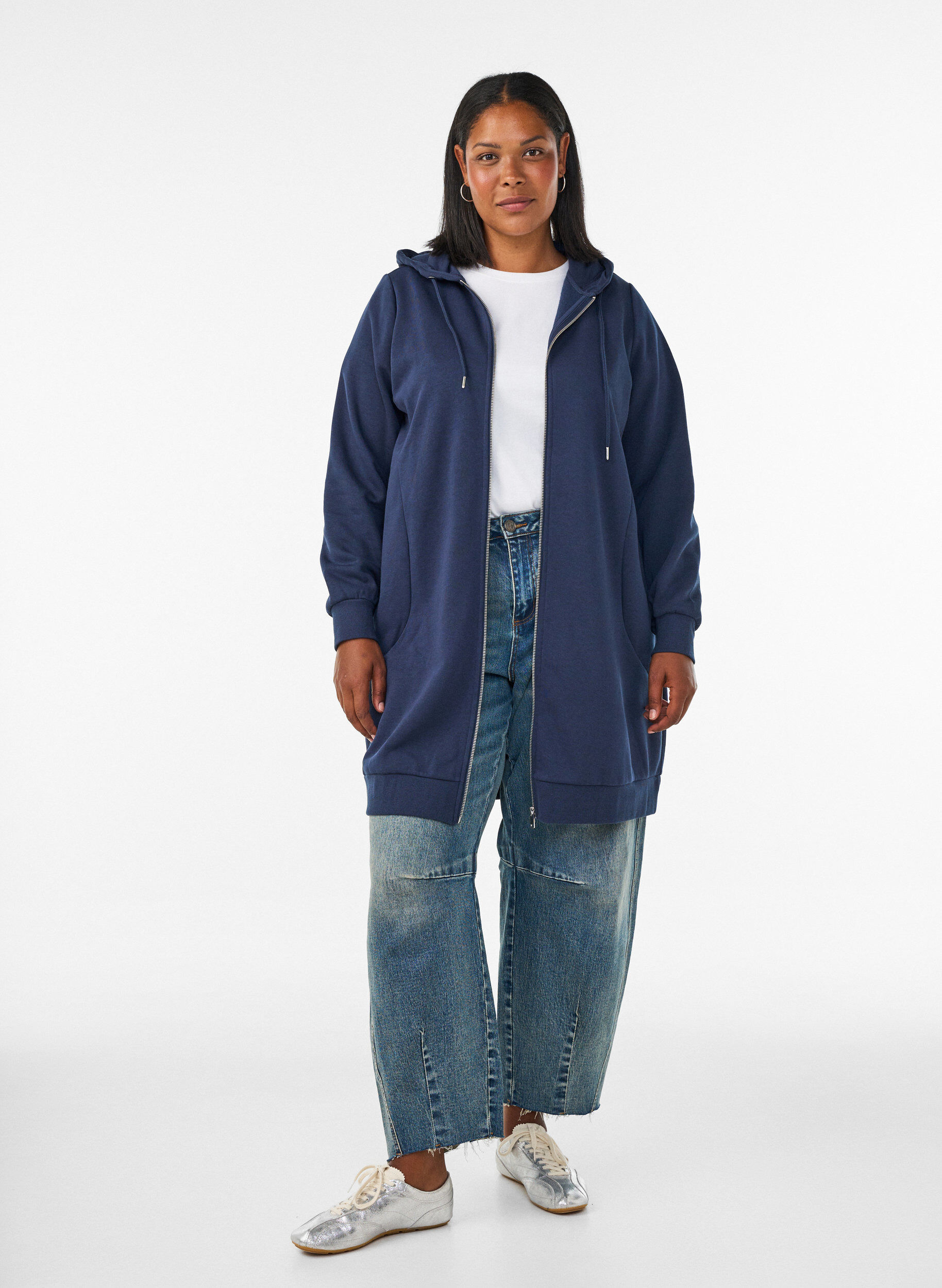 ZizziPitk&auml; huppari vetoketjulla ja taskuilla, Sininen, Model image number 1