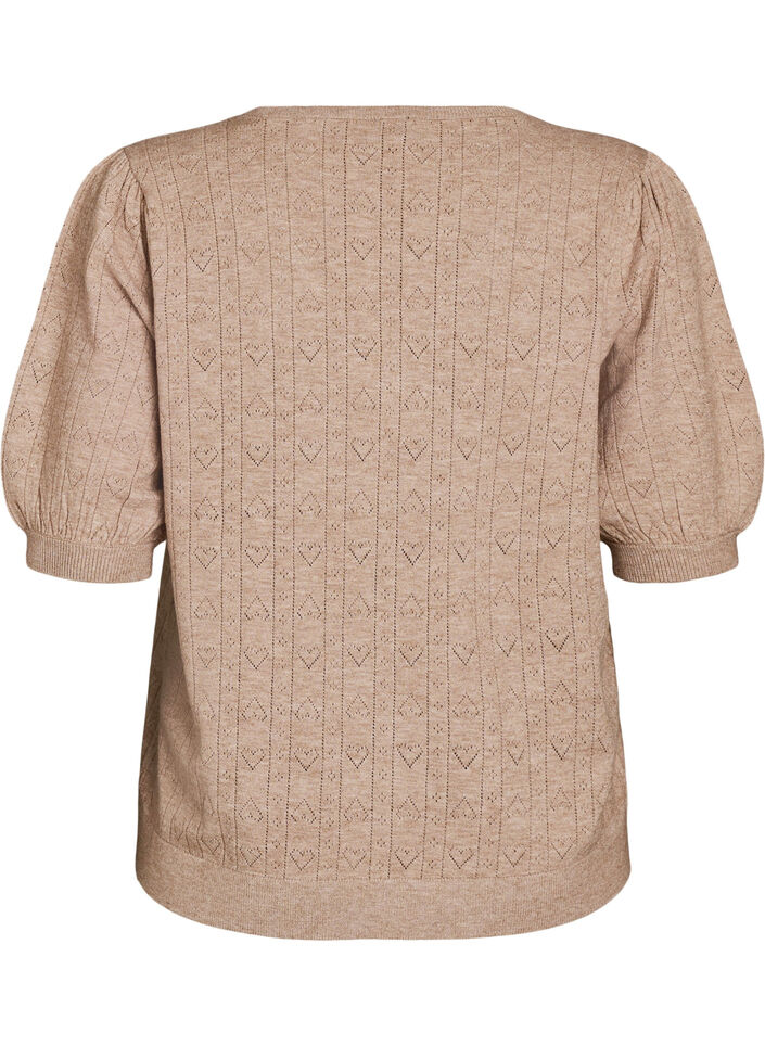 Lyhythihainen neulepusero pointelle-kuviolla, Beige, Packshot image number 1