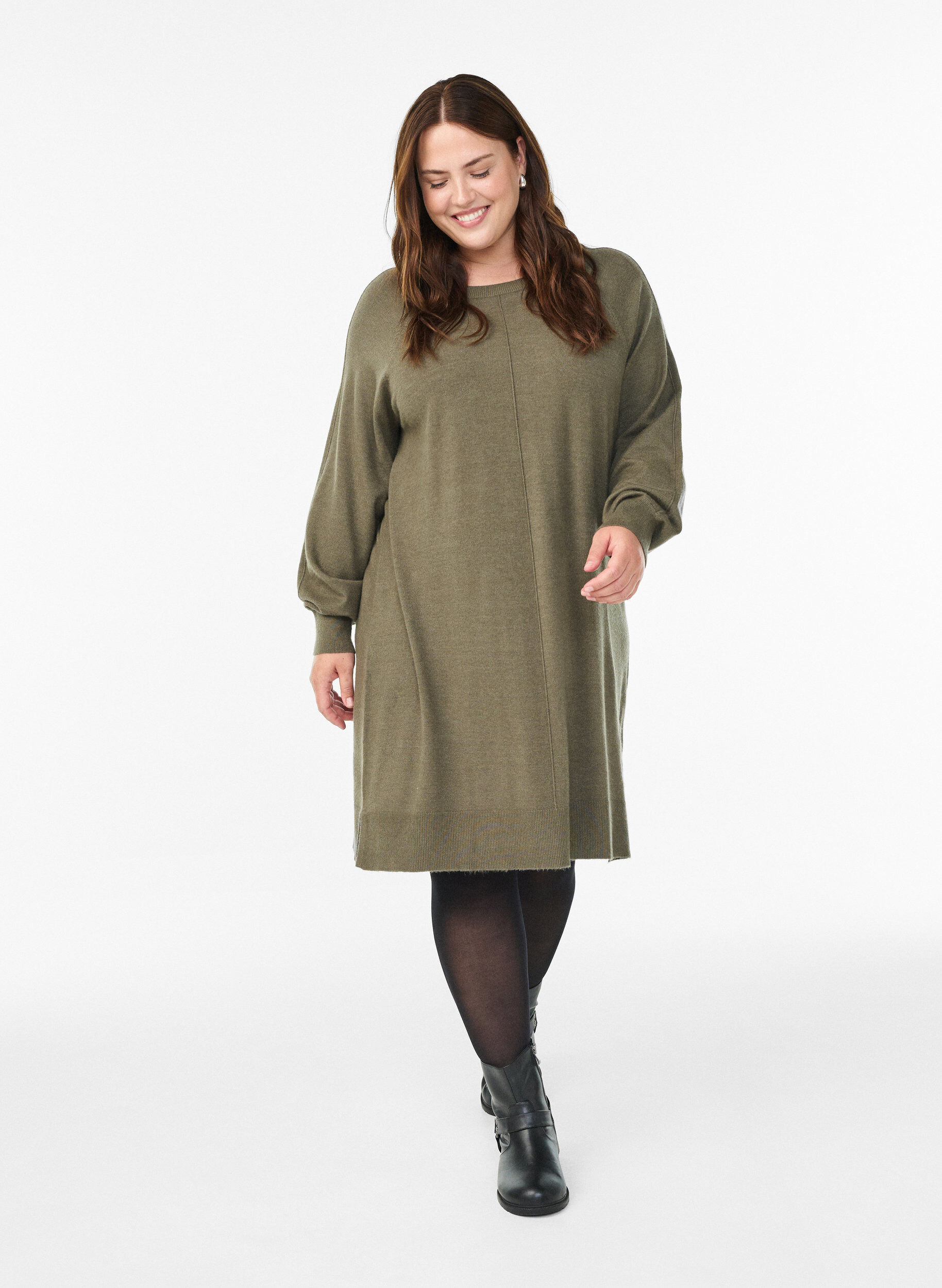 ZizziLyhyt neulemekko raglanhihoilla ja keskisaumalla, Vihre&auml;, Model image number 1
