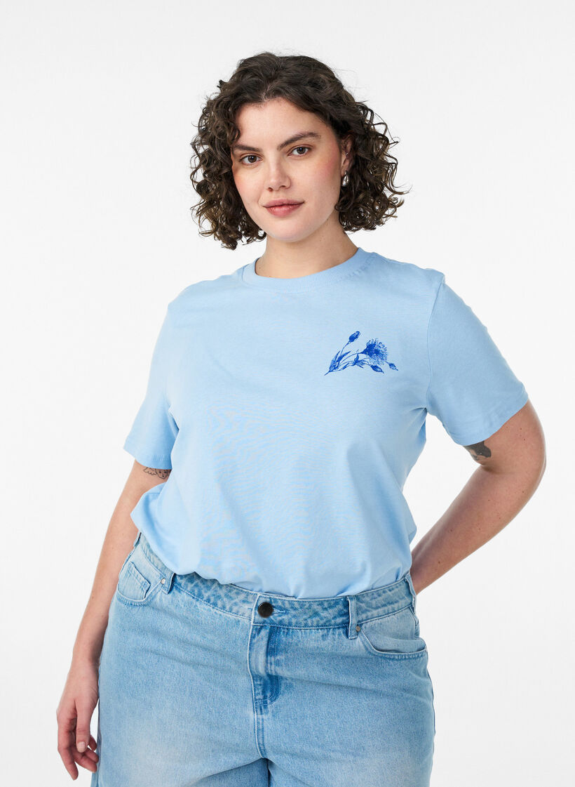 Puuvillainen T-paita printill&auml;, Sininen, Model image number 0
