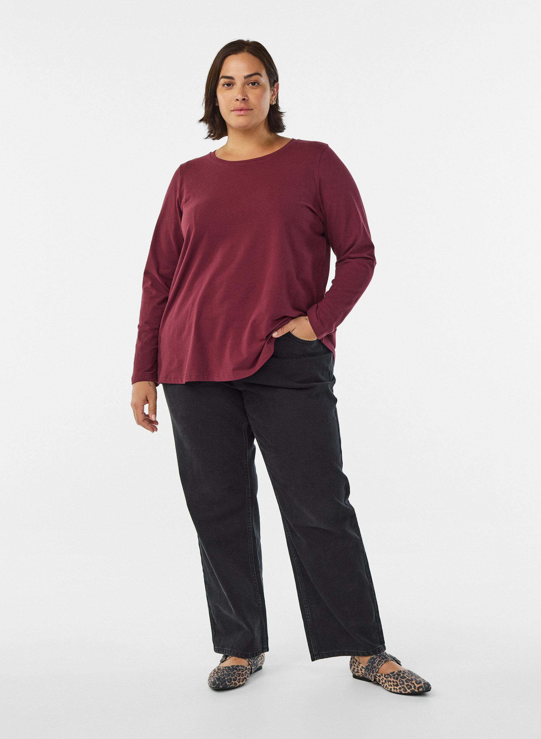 ZizziPerus jersey-paita, jossa pitk&auml;t hihat, Tumma Bordeaux, Model image number 1