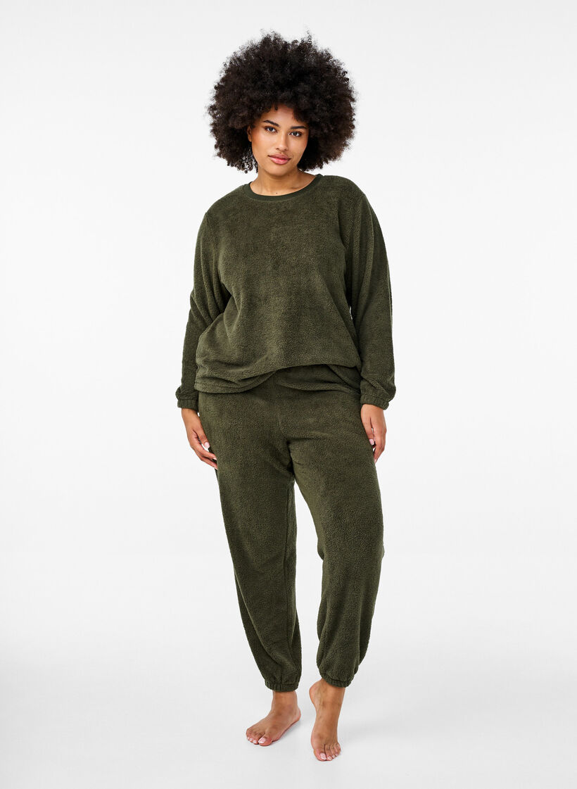 Pehmeät teddy-housut joustavalla vyötäröllä, Forest Night, Model image number 0