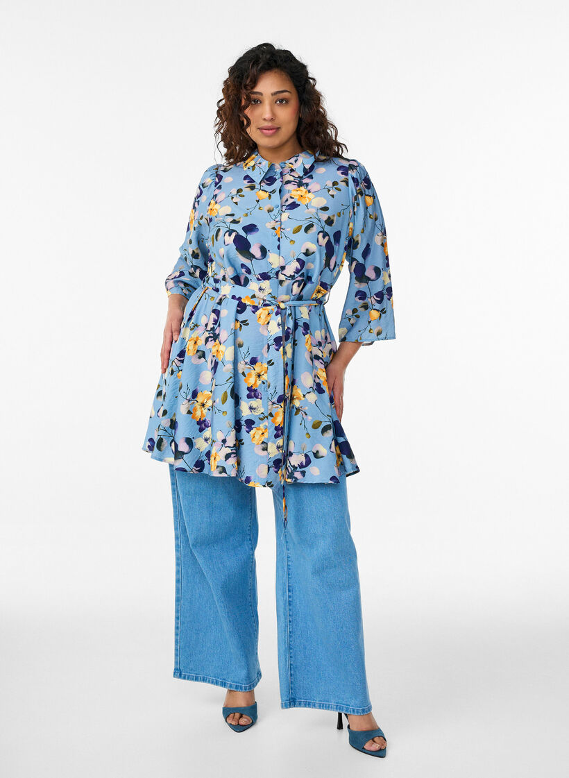 Kuvioitu tunika vy&ouml;ll&auml; ja 3/4-hihoilla, Sininen, Model image number 1