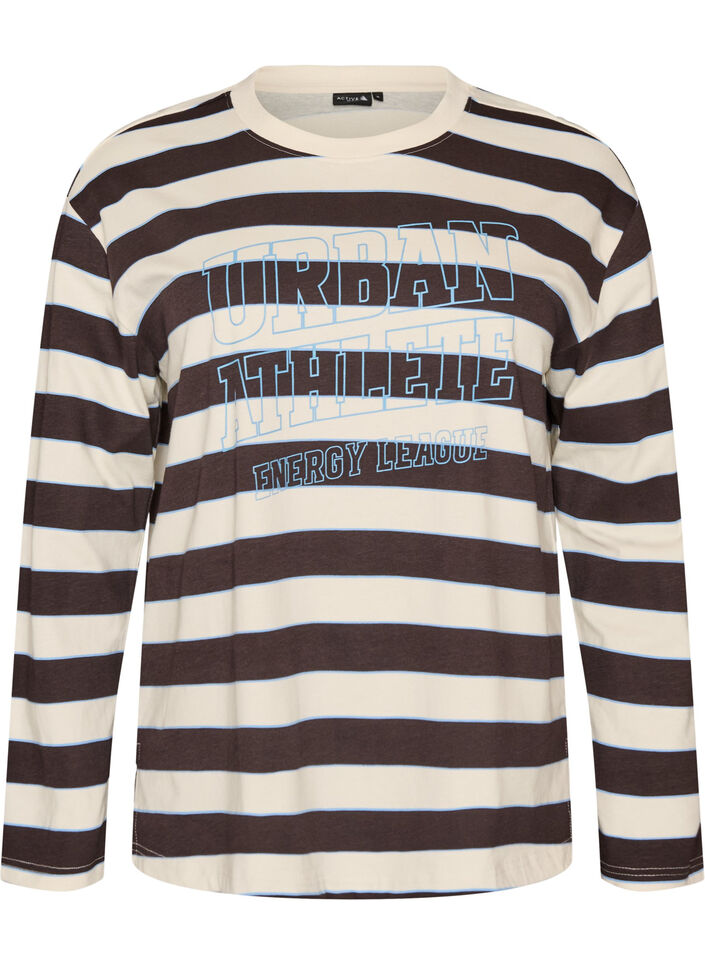 Raidallinen trikoopusero urheilullisella tekstipainatuksella, Ruskea, Packshot image number 0