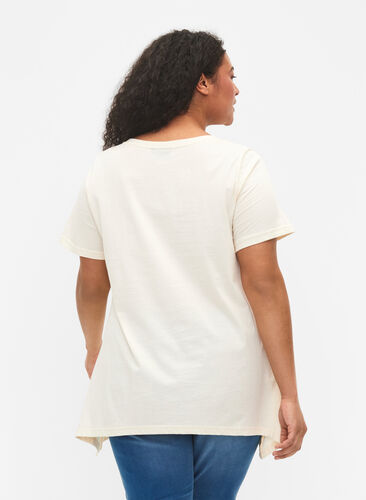 Puuvillainen t-paita tekstipainatuksella, Buttercream HAPPY, Model image number 1