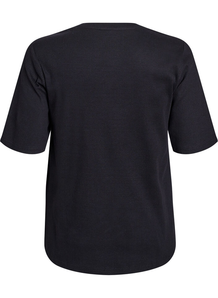 Ribattu jerseypusero, jossa on lyhyet hihat, Musta, Packshot image number 1