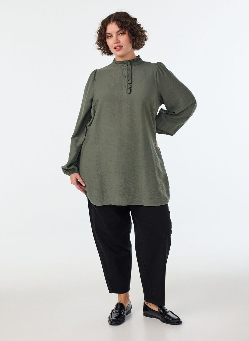 Viskoositunika r&ouml;yhel&ouml;ill&auml; ja napeilla, Vihre&auml;, Model image number 1