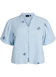 Pusero puuvillamusliinista pallohihoilla ja kirjotuilla yksityiskohdilla, Sininen