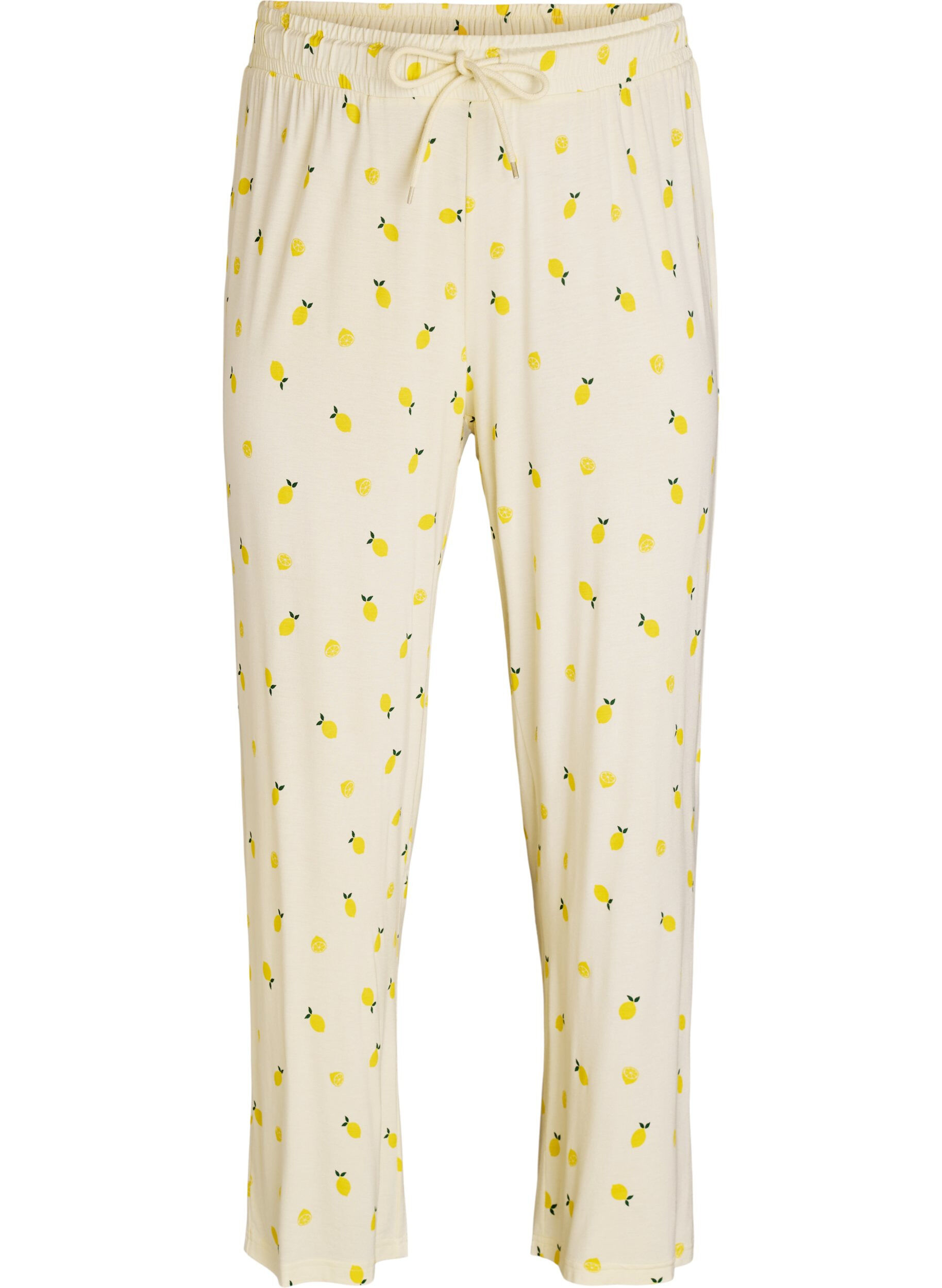 Pyjamahousut pehme&auml;st&auml; jersey-materiaalista, korkea vy&ouml;t&auml;r&ouml; ja hedelm&auml;kuosi