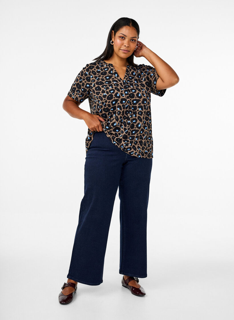 V-pääntiellä varustettu lyhythihainen pusero, Ruskea, Model image number 1