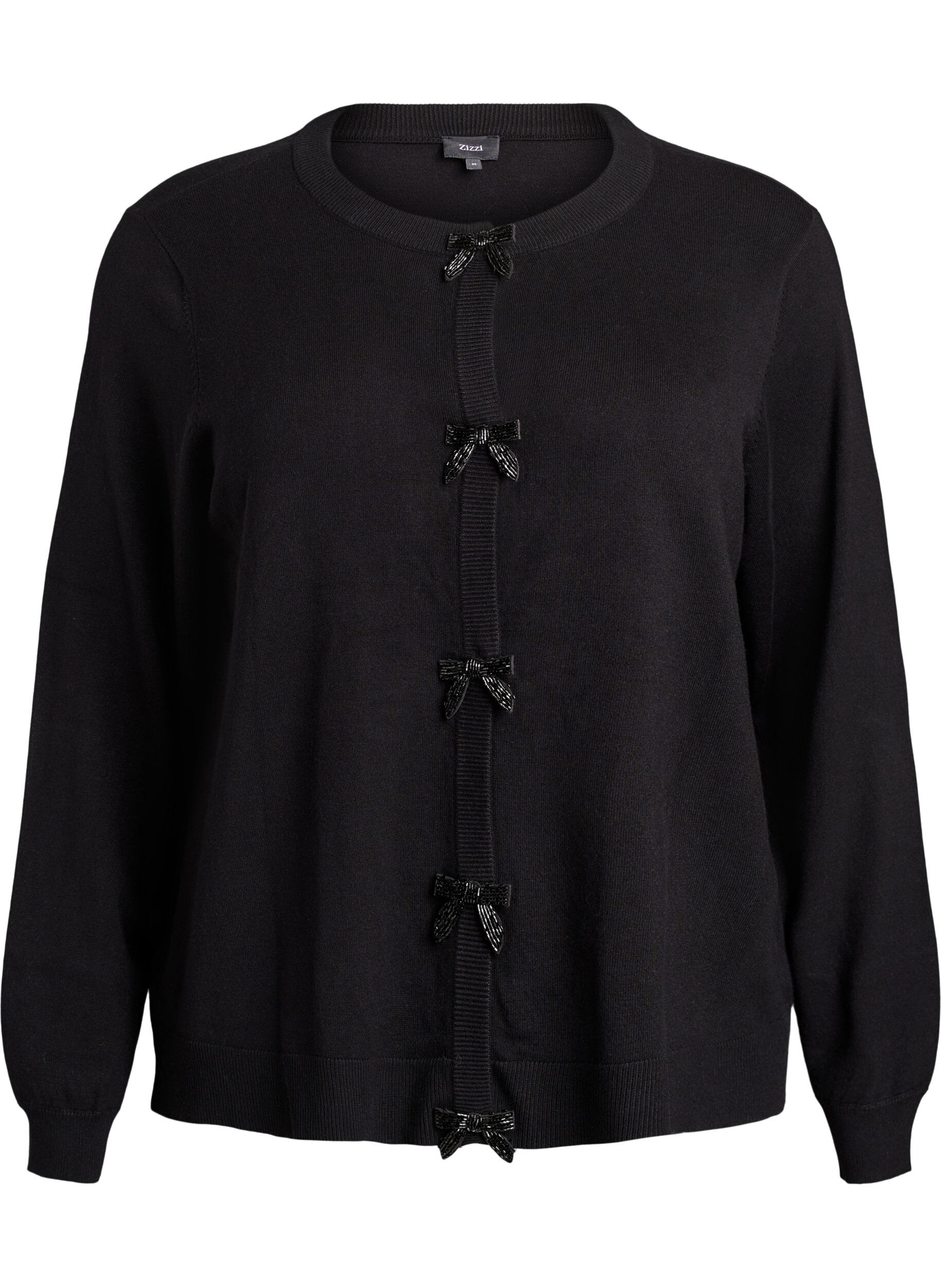 Neuletakki helmi-kirjailluilla ruseteilla ja painonapeilla