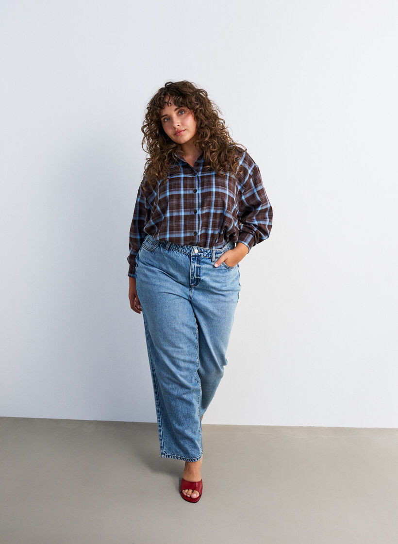 Ruudullinen paita rennolla istuvuudella, Ruskea, Model image number 3