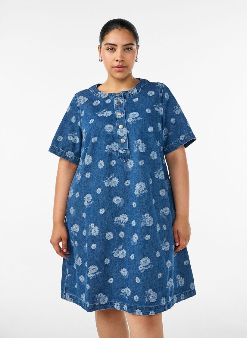 A-linjainen farkkumekko kukkakuviolla, Sininen, Model image number 0