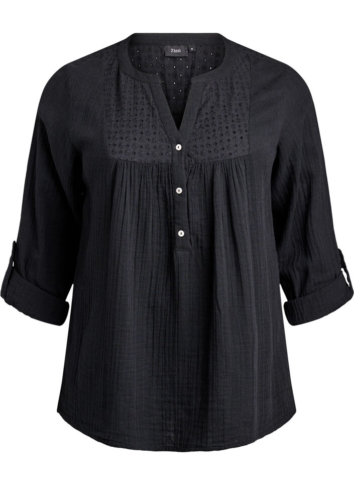 Paita puuvillamusliinissa, jossa broderie anglaise -kirjailu, Musta, Packshot image number 0