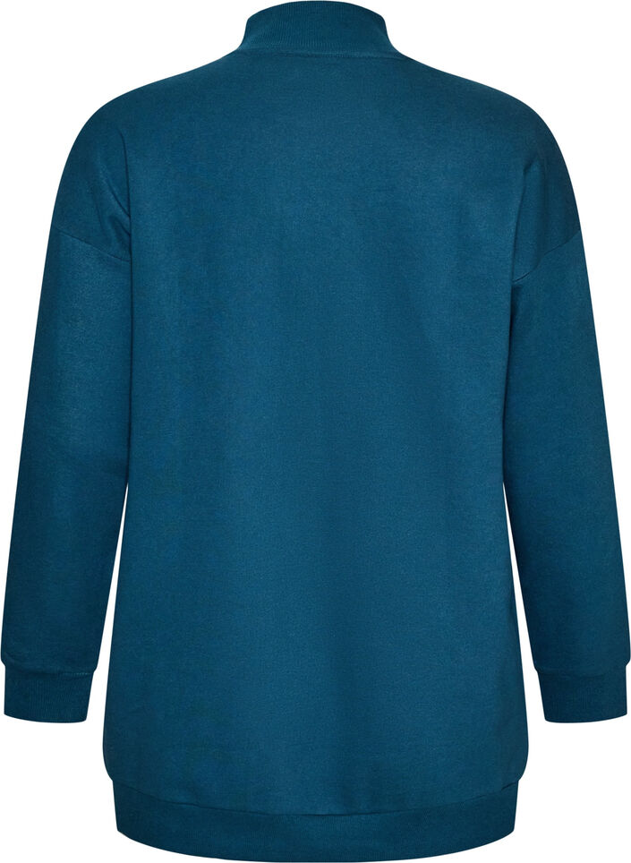 Pitk&auml; collegepaita korkealla kauluksella ja kirjaillulla tekstill&auml;, Sininen, Packshot image number 1