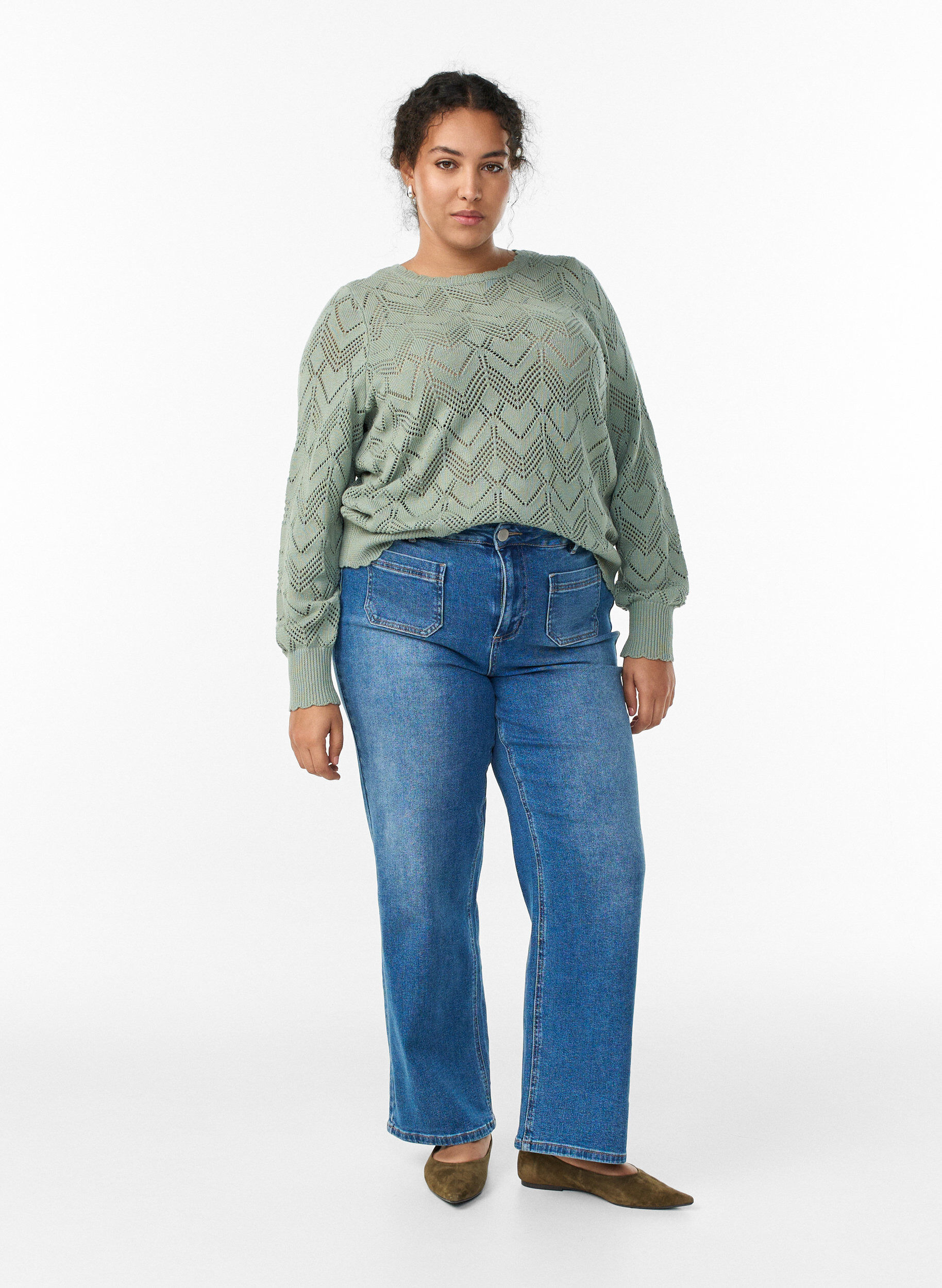 Zizzi Kuvioneulepusero, jossa aaltoileva reuna ja py&ouml;re&auml; p&auml;&auml;ntie, Vihre&auml;, Model image number 1