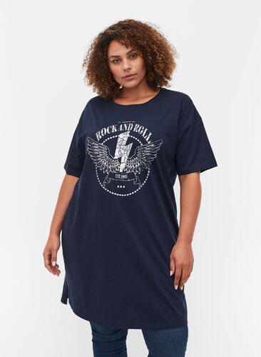 Puuvillainen t-paitamekko printillä, Navy Blazer, Model image number 0