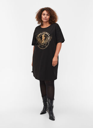 Puuvillainen t-paitamekko printillä, Black w. Gold, Model image number 2