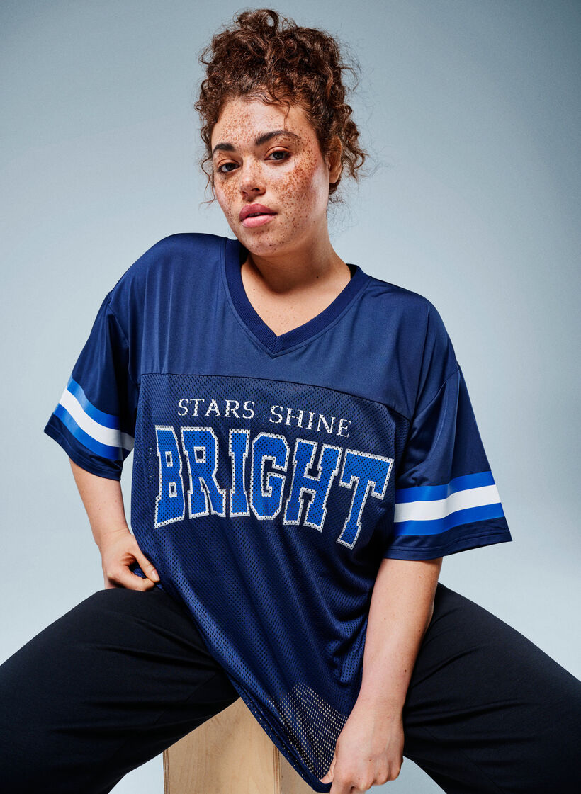 V-aukollinen treenipaita etupuolen printill&auml;, Sininen, Image