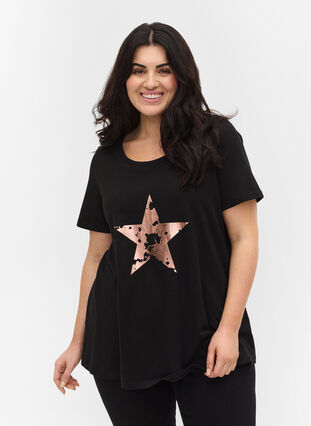 Lyhythihainen puuvillainen t-paita painatuksella, Black w. star copper, Model image number 0