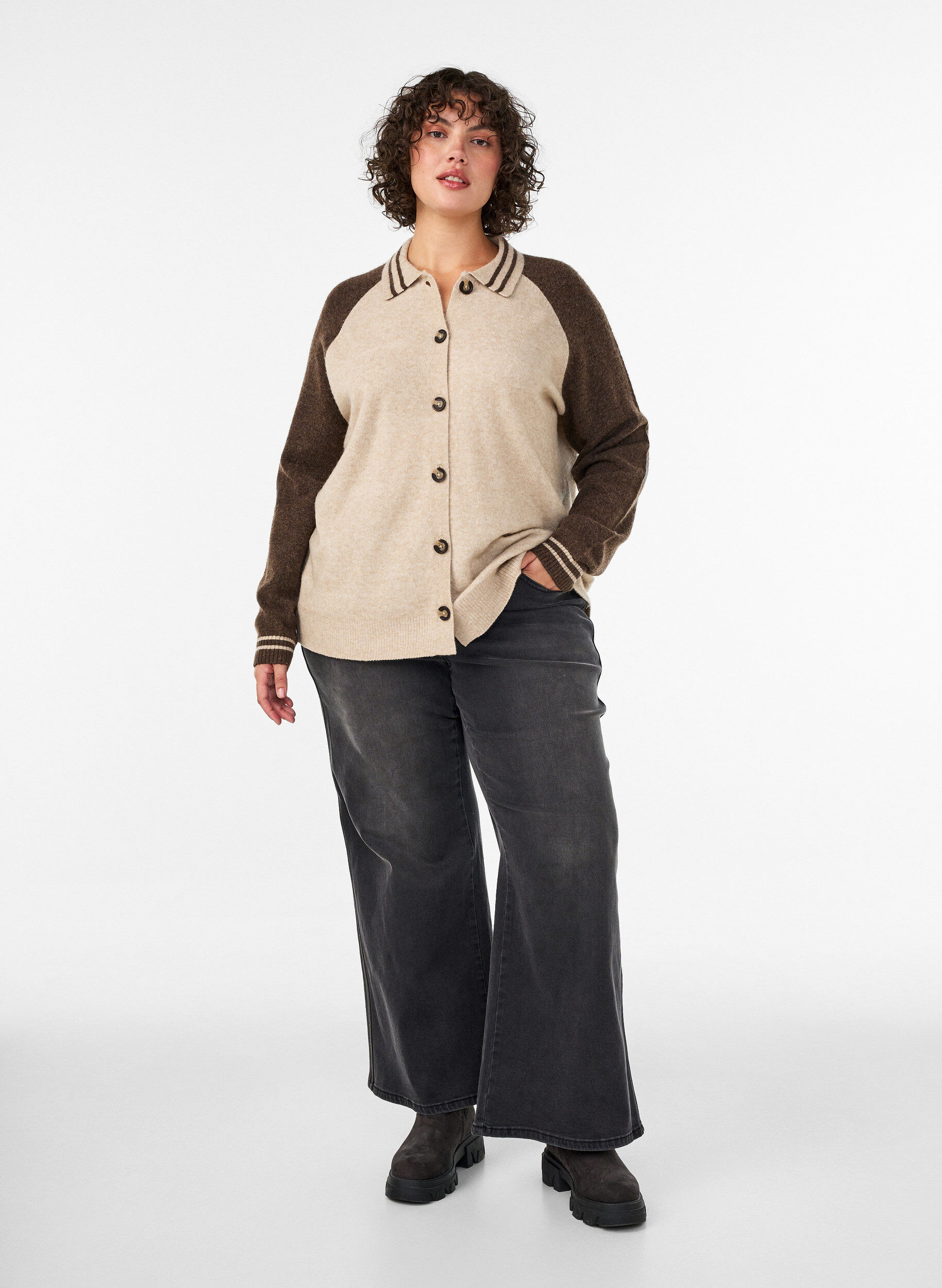 ZizziNeuletakki kontrastihihoilla ja kauluksella, Beige, Model image number 1