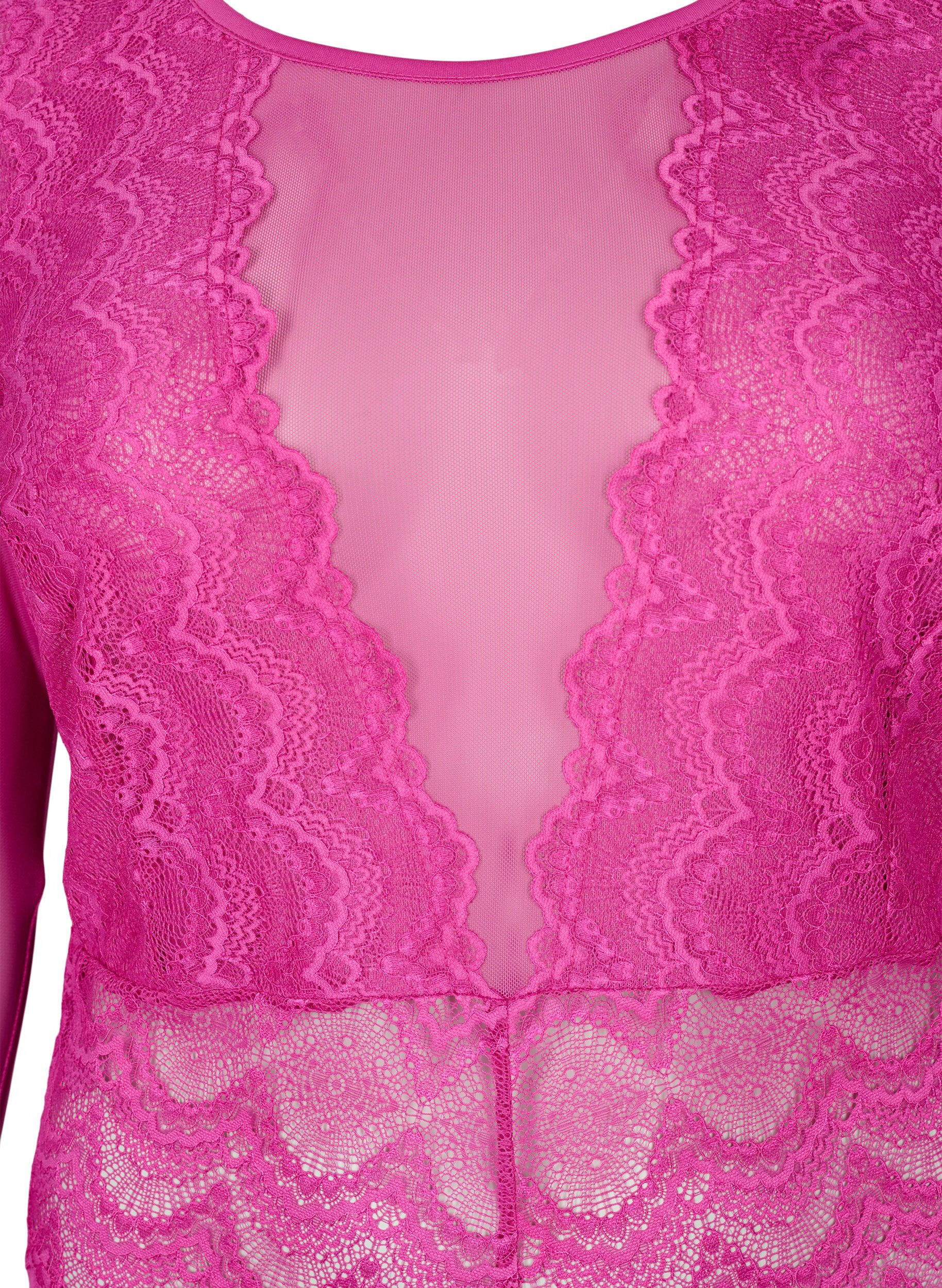 Zizzi Verkkokankankainen body koristeellisella pitsill&auml;, Fuchsia Red, Packshot image number 2