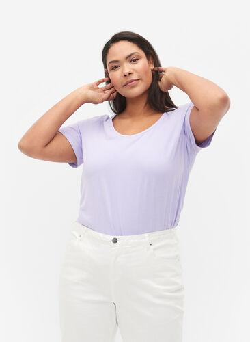 Yksivärinen perus t-paita puuvillasta, Lavender, Model image number 0