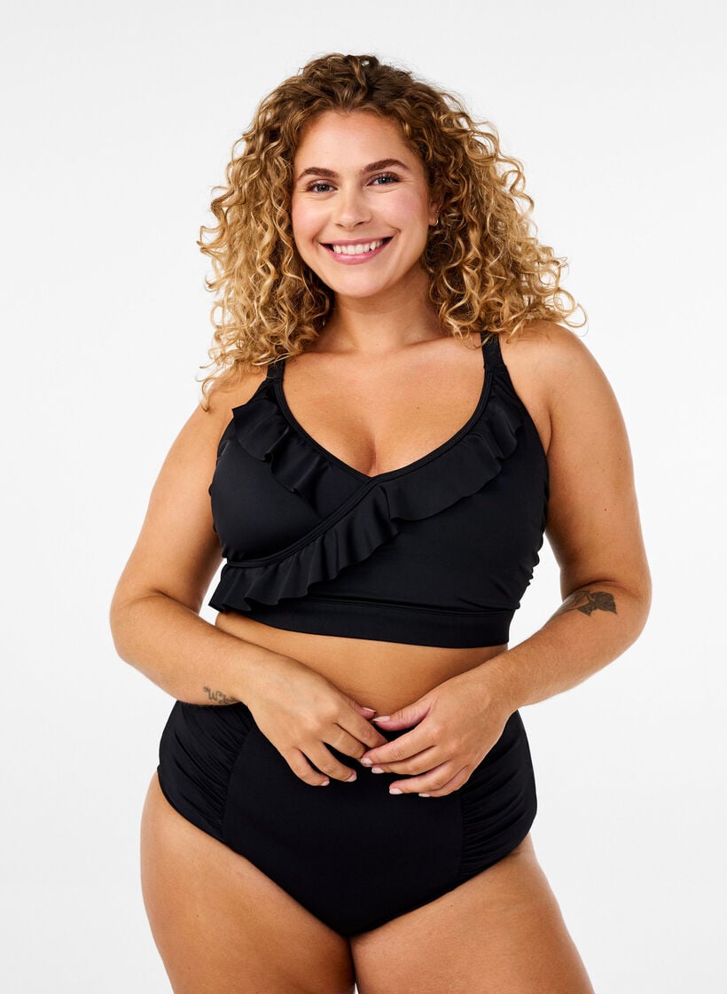 Bikiniyläosa röyhelöllä ja irroitettavalla toppauksella, Musta, Model image number 1