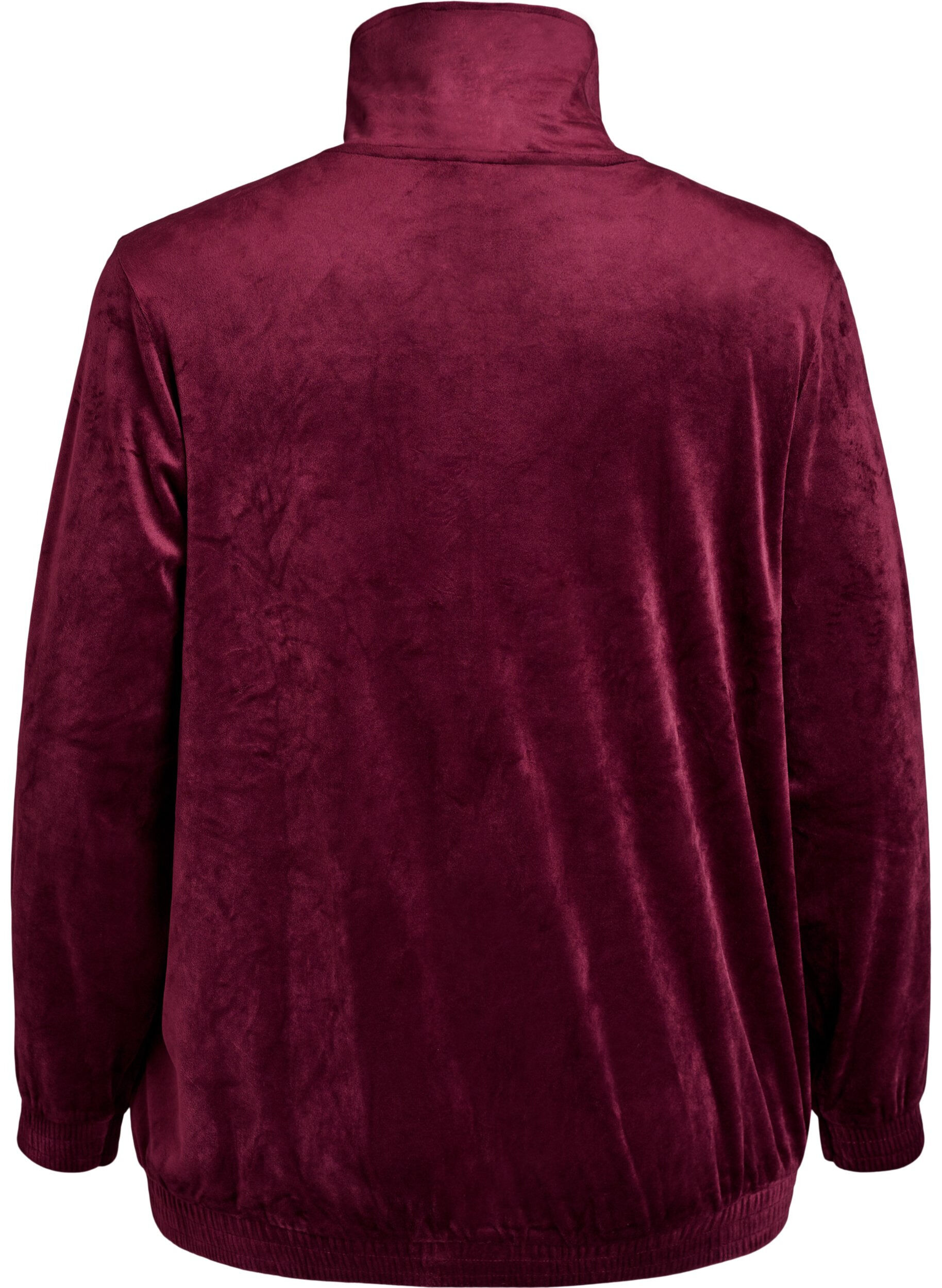 Zizzi Velour-neuletakki vetoketjulla ja korkealla kauluksella, Tumma Bordeaux, Packshot image number 1