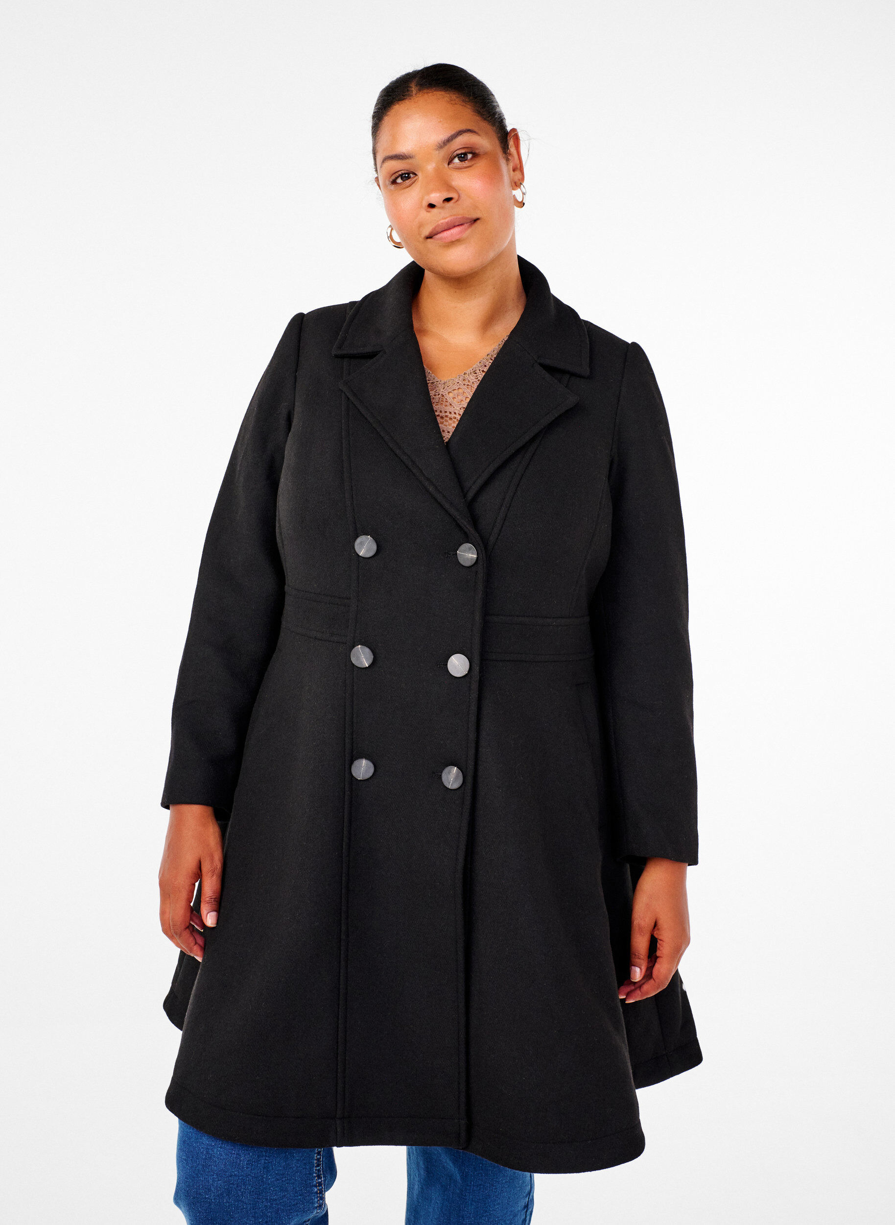 ZizziA-linjainen villatakki, jossa on taskut, Musta, Model image number 0