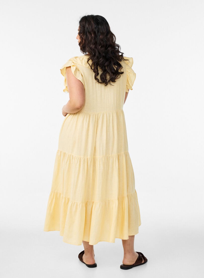 Hihaton midimekko pellava-viskoosista r&ouml;yhel&ouml;ill&auml;, Keltainen, Model image number 1