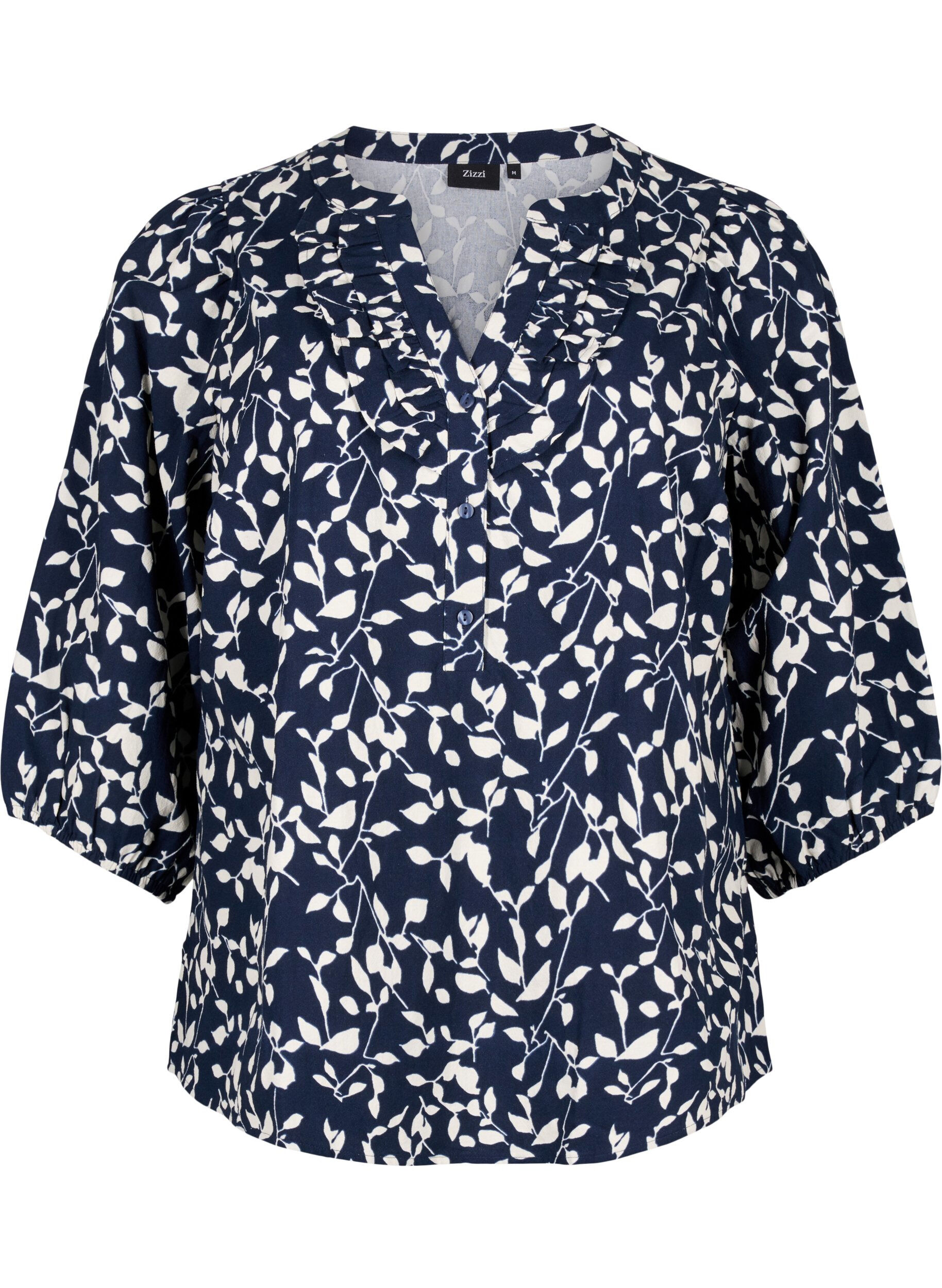 Zizzi Kuvioitu puuvillapusero, jossa on &frac34;-mittaiset hihat., Navy Blazer Leaf, Packshot image number 0