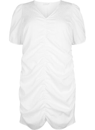 Lyhythihainen mekko rypytyksellä ja tekstuurilla, Bright White, Packshot image number 0