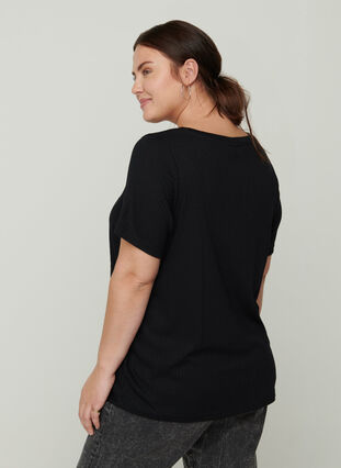 Yksivärinen ribattu t-paita lyhyillä hihoilla, Black, Model image number 1
