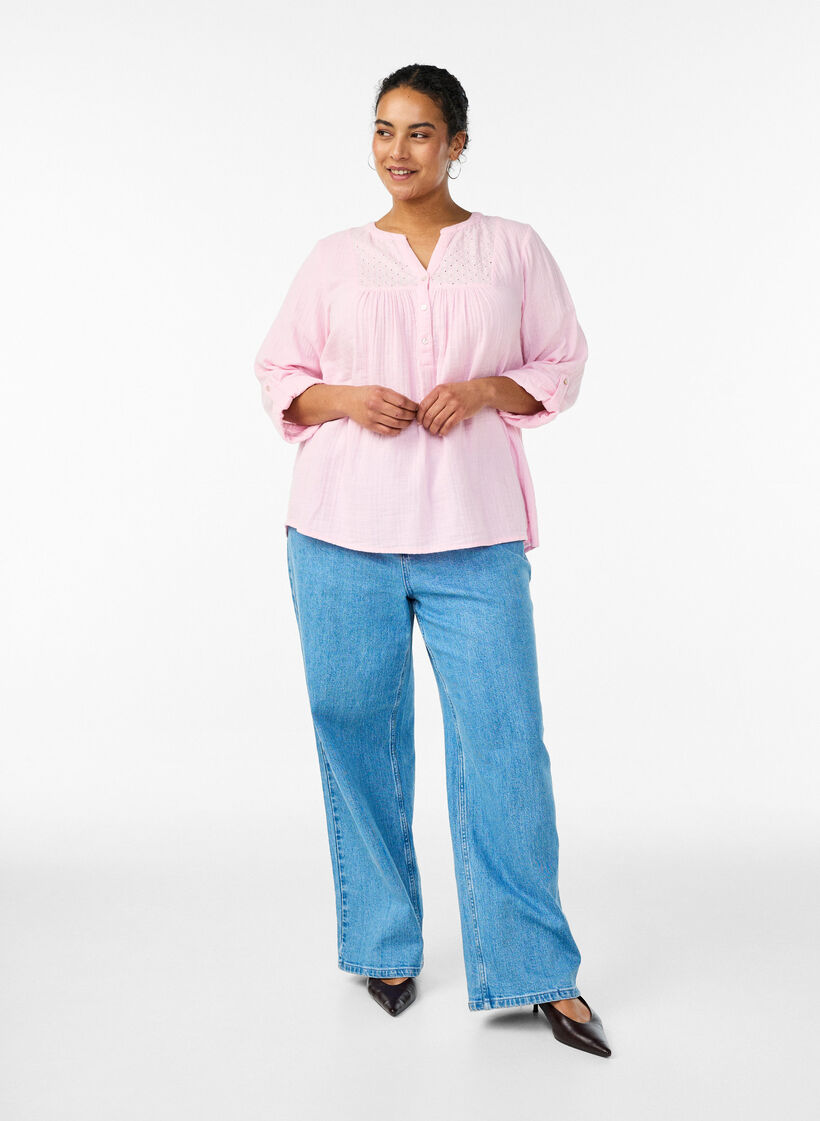 Paita puuvillamusliinissa, jossa broderie anglaise -kirjailu, Vaaleanpunainen, Model image number 1