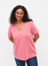 Lyhythihainen t-paita v-pääntiellä, Bubblegum Pink, Model