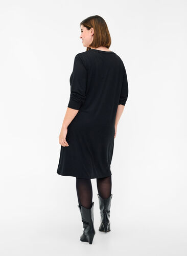 Yksinkertainen mekko v-aukolla ja pitkillä hihoilla, Black, Model image number 1