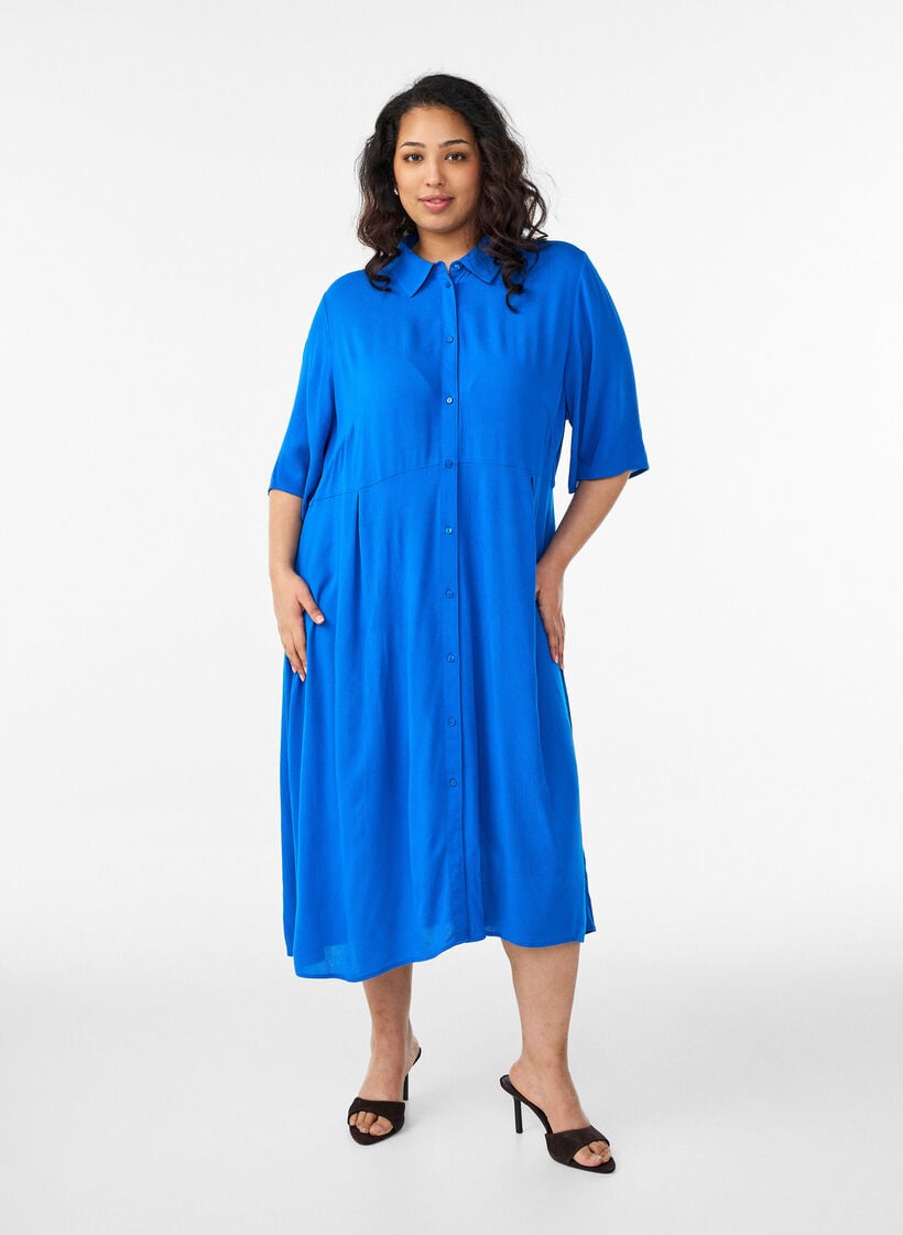 Lyhythihainen midipituinen paitamekko, Sininen, Model image number 0