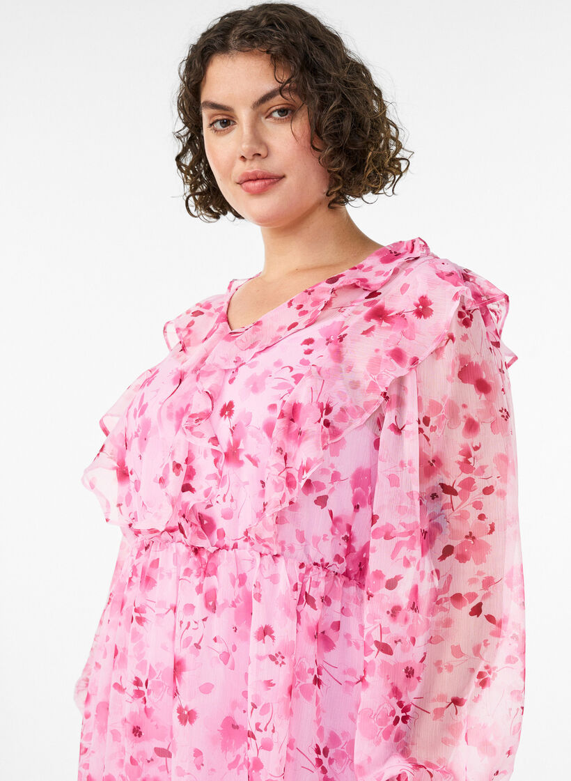 Kukallinen sifonkimekko r&ouml;yhel&ouml;ill&auml; ja pitkill&auml; hihoilla, Vaaleanpunainen, Model image number 2