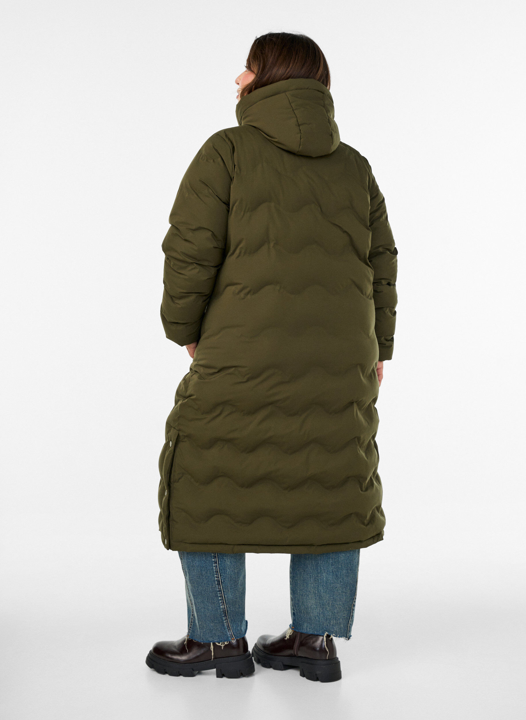 ZizziPitk&auml; hupullinen toppatakki aaltoilevalla kuosilla, Vihre&auml;, Model image number 2