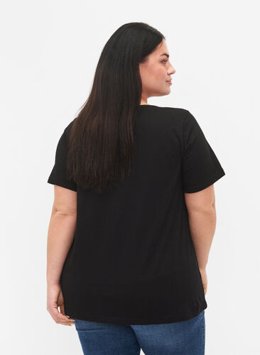 Puuvillainen t-paita tekstiprintillä ja v-pääntiellä, Black ORI, Model image number 1
