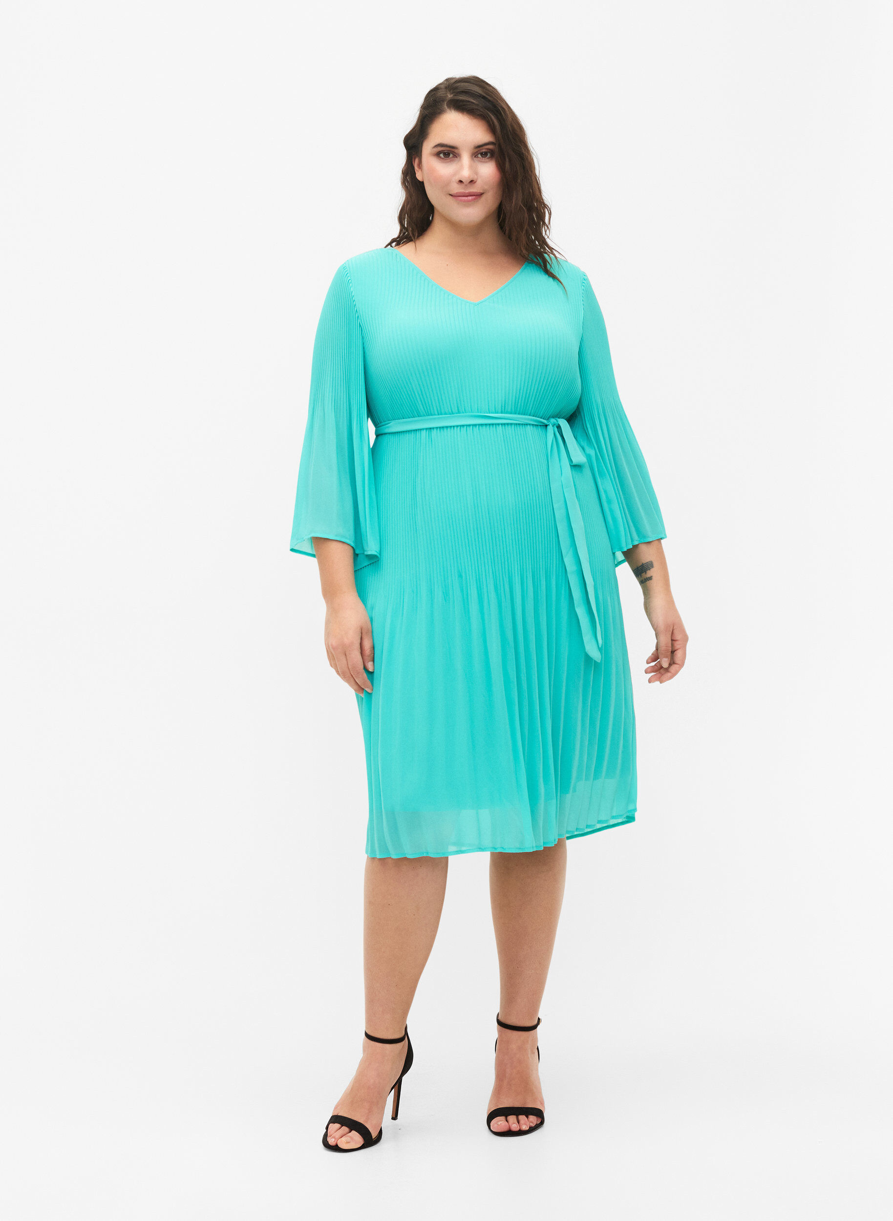 Zizzi Pliseerattu mekko 3/4-hihoilla, Turquoise, Model image number 2