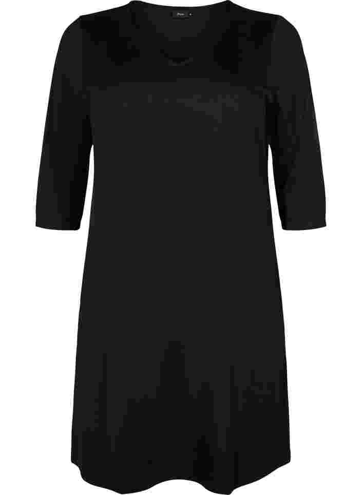 Yksivärinen mekko v-pääntiellä ja 3/4-hihoilla, Black, Packshot image number 0