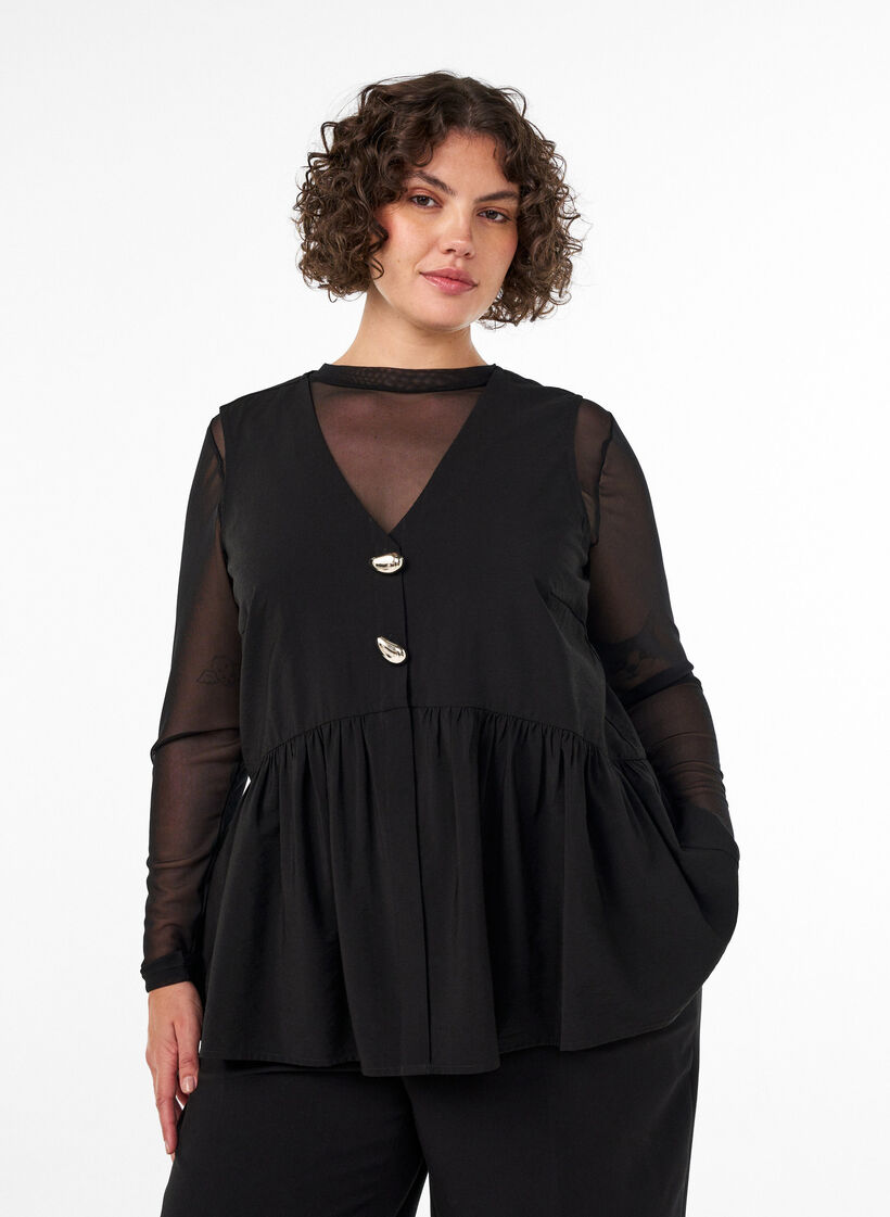 Hihaton peplum-pusero koristenapeilla, Musta, Model image number 0