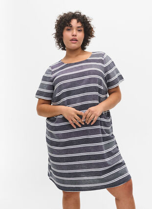 Raidallinen mekko lyhyillä hihoilla, Blue Stripe, Model image number 0