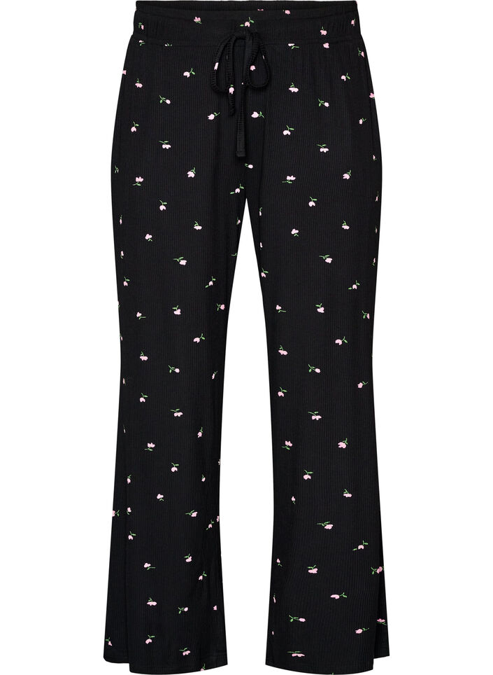 Pyjamahousut ribatulla tekstuurilla ja kukkakuviolla, Musta, Packshot image number 0