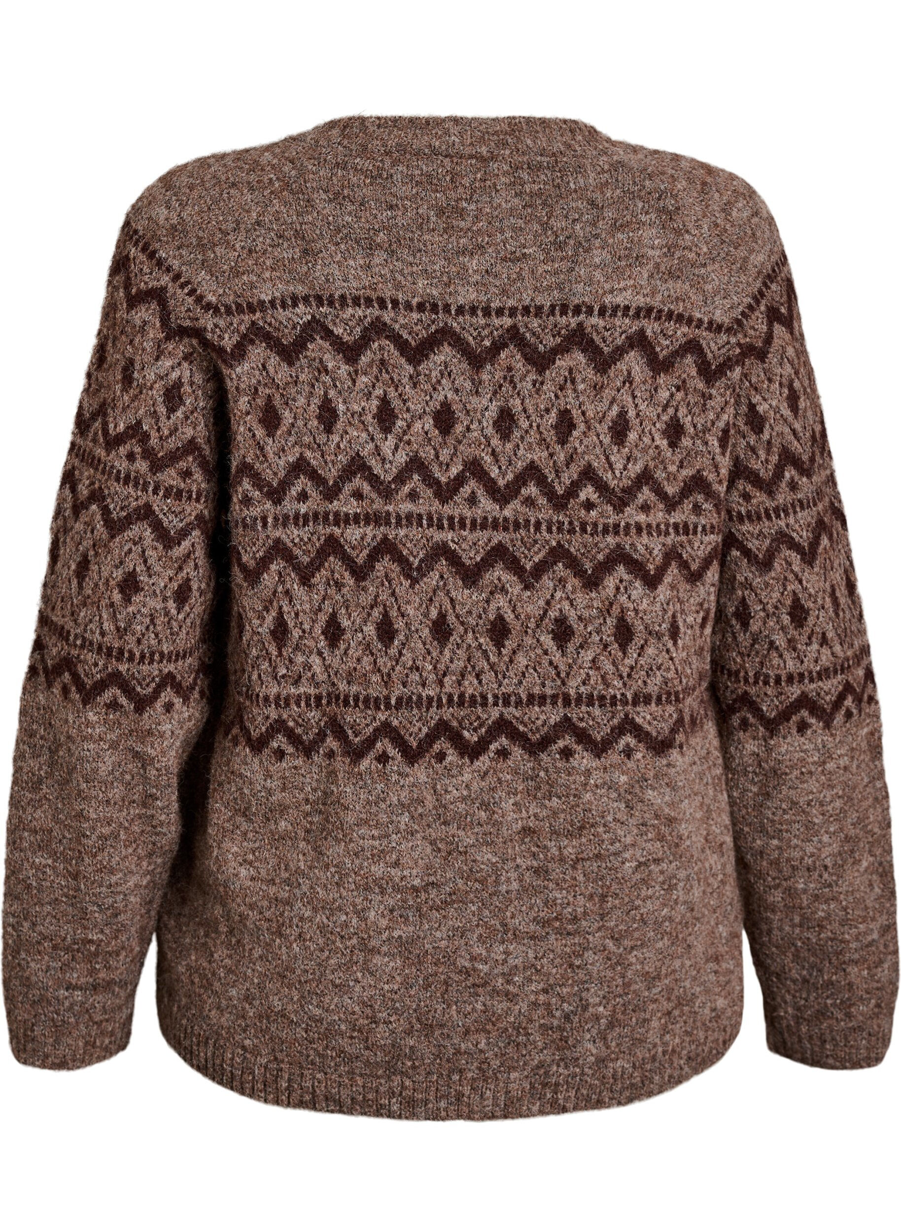ZizziJacquard-kuviollinen neuletakki, Ruskea, Packshot image number 1