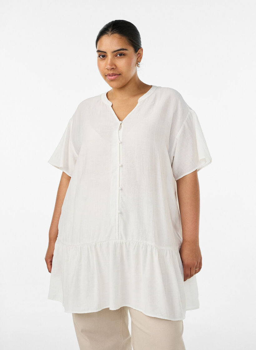 V&auml;lj&auml; tunika ryppyisell&auml; pinnalla ja r&ouml;yhel&ouml;helmalla, Vanilja, Model image number 0