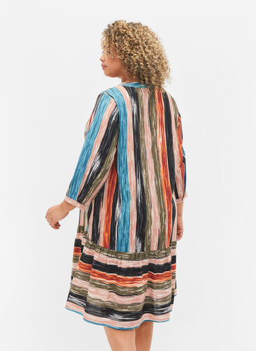 Kuviollinen puuvilla mekko 3/4-hihoilla, Multi Stripe AOP, Model image number 1