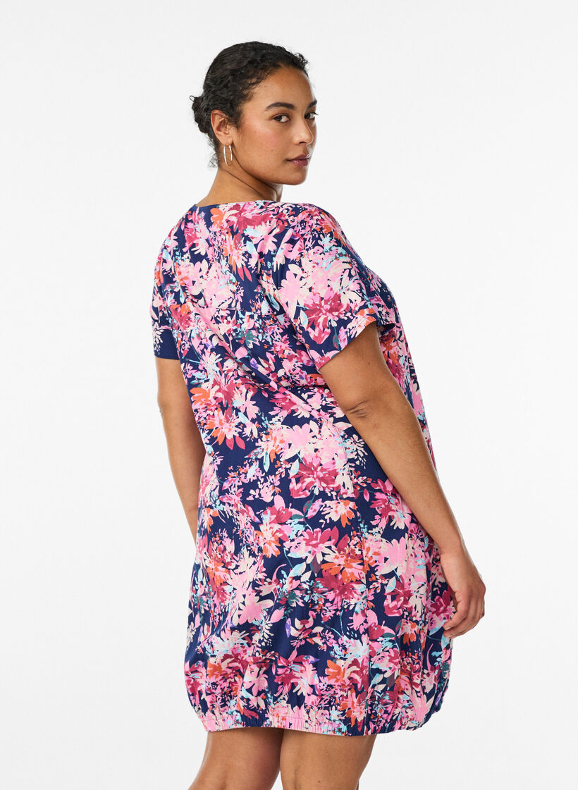 Lyhythihainen painokuvioitu puuvillamekko, Sininen, Model image number 2